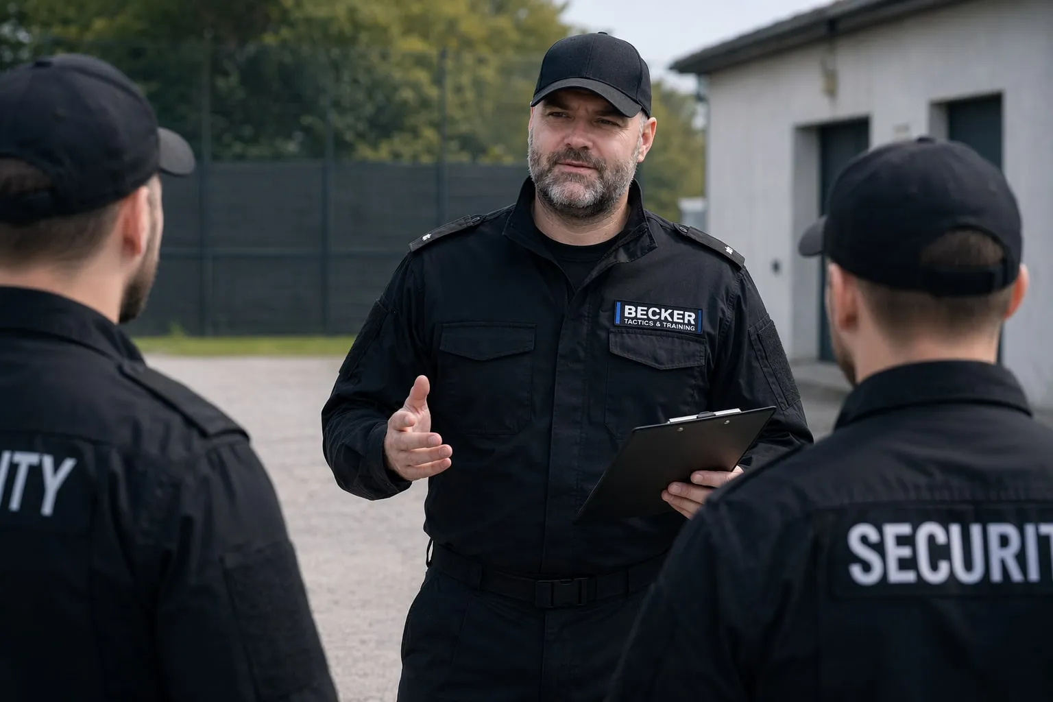 Oliver Becker im Gespräch mit zwei Sicherheitskräften